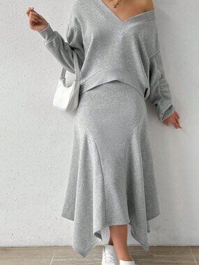Chic Gray Off-Shoulder Two-Piece Midi Dress Set